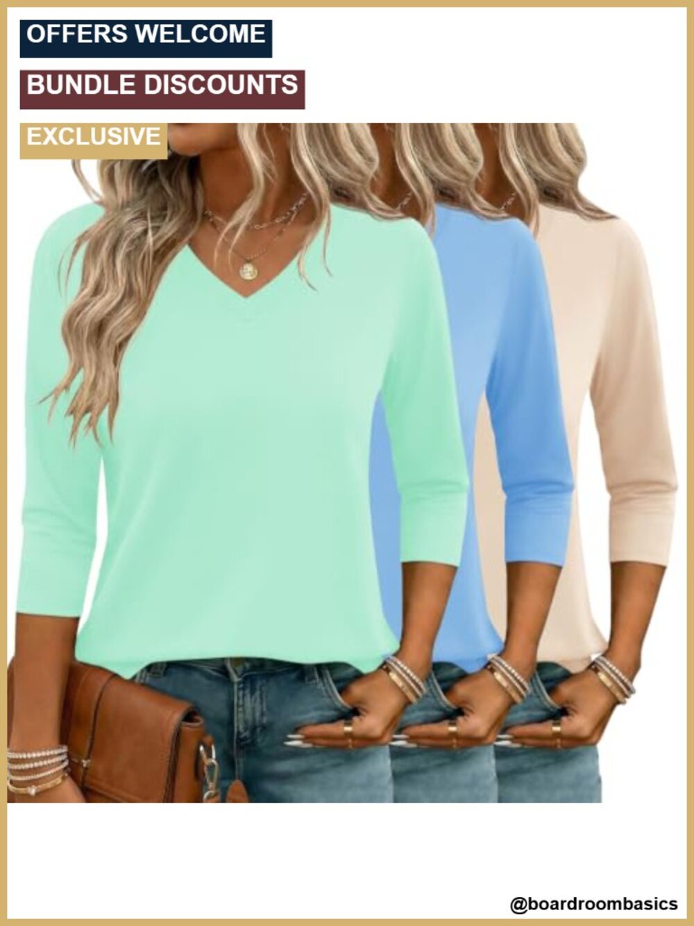 Women's 3/4 Sleeve V Neck Casual Summer T Shirts 3 Pack